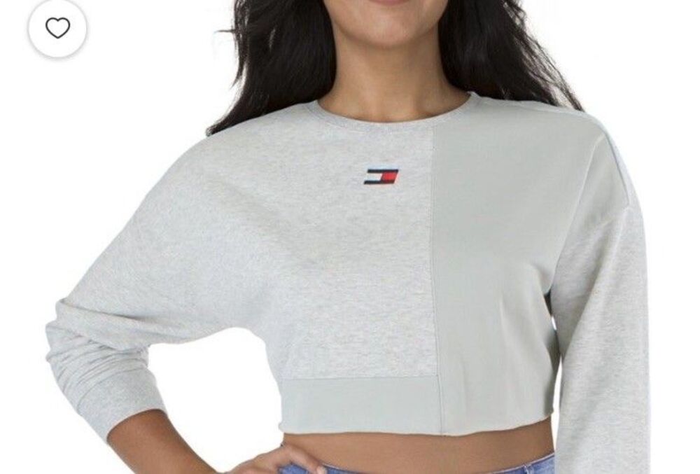 Tommy Hilfiger Womens XL Sporty Crop Top Sweatshirt Heather Gray Blocked Design
